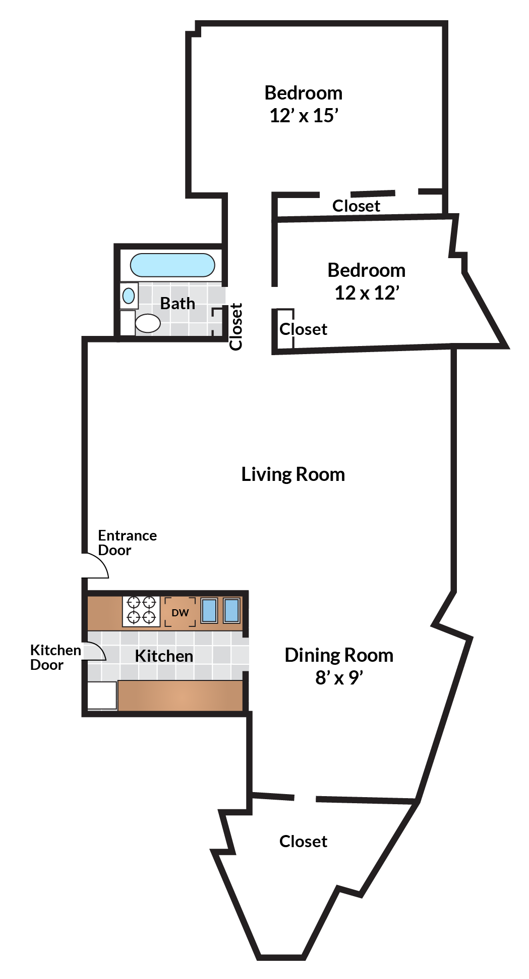 Floor plan for 2 beds, 1 bath, 1067 sqft